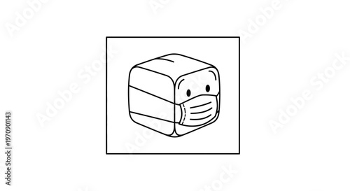 Cute Cartoon Cube Character Wearing a Medical Face Mask, Simple Line Art Illustration