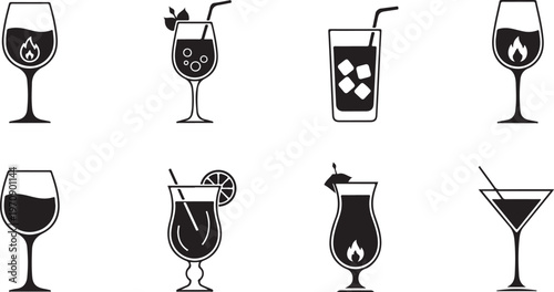 Alcoholic cocktail glass icons set with various garnish and liquids.