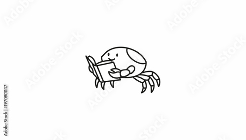 Cute cartoon crab reading a book, isolated on white background