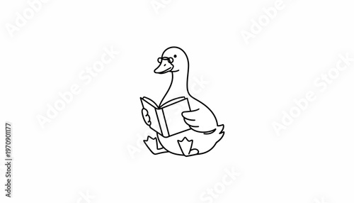 Cute cartoon duck wearing glasses reading a book, isolated on white background.