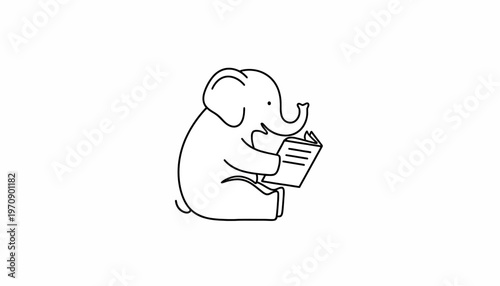 Cute cartoon elephant reading a book, simple line art, white background