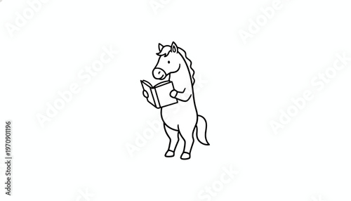 Cute cartoon horse standing and reading a book, isolated on white background