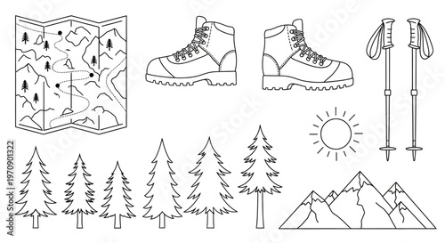 Hiking boots and trekking poles equipment.