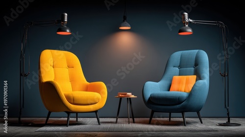 Two colorful armchairs face each other, lit by lamps in a dark, modern interior