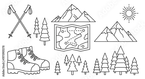 Hiking boot with trekking poles trees.