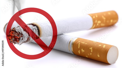 Two cigarettes, one lit with red warning circle over it. Smoking ban message