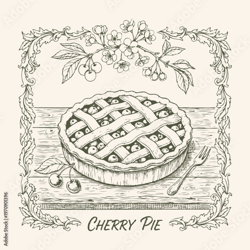 Detailed hand-drawn illustration of a cherry pie with fork and cherries, ornate floral frame, rustic table background, concept of vintage dessert art