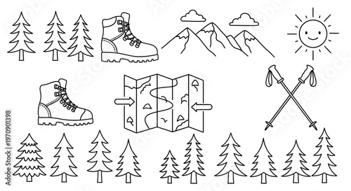 Hiking boots and trekking poles icon.