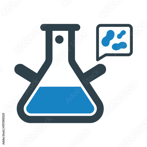 Vector of a laboratory flask filled with blue liquid and a speech bubble indicating scientific communication