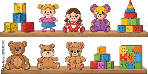 Cute Kids Toys Shelf Collection with Dolls Teddy Bears Alphabet Blocks and Puzzle Game Cartoon Flat Vector Illustration