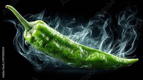 Vibrant green chili pepper with stem, emanating stylized smoke against a stark black backdrop
