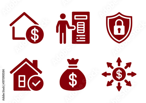 Vector depicting various financial and security symbols including a house with a dollar sign and a shield with a lock