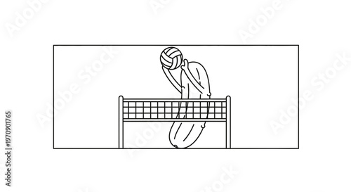 Volleyball player with head in ball over net, feeling defeated, black and white line art.