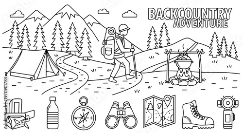 Hiking man with backpack and trekking poles.