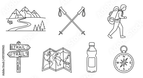 Hiking trail signs and equipment icons.