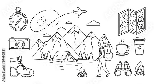 Hiking travel and outdoor adventure icons.