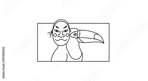 Surreal Fusion: Human Face Mask Meets Toucan Bird Head in Minimalist Line Art
