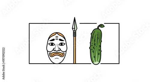 Surreal juxtaposition: Japanese Noh mask, spear, and pickle in a minimalist frame