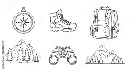 Hiking trekking travel adventure icons set.