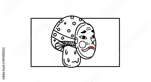 Surreal Mushroom with Japanese Noh Mask Illustration