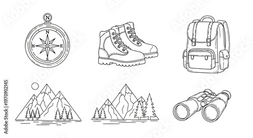 Hiking trekking outdoor adventure travel icons.