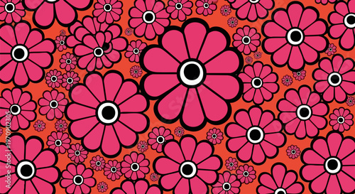 Retro pop art floral pattern, vibrant pink daisy flower background, 1960s psychedelic style botanical vector illustration for textile design