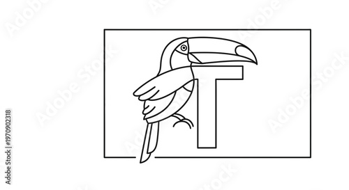 Toucan Bird Sitting on Letter T Icon, Tropical Wildlife Illustration