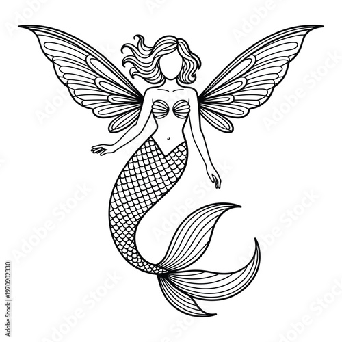 Elegant figure with flowing hair and wings in a classic sketch isolated on white background, Vector