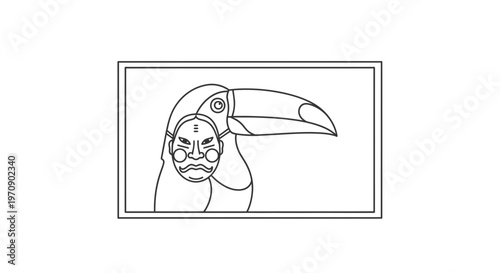 Toucan Wearing a Japanese Mask, Surreal Art, Exotic Bird with Traditional Face Covering