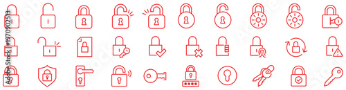 Protection Web Icon Set in Line Style. Collection of Security Linear Icons, Including defense, safe, safety and security, alarm, encryption, cybersecurity, locked, shield, guard, lock. Editable Stroke