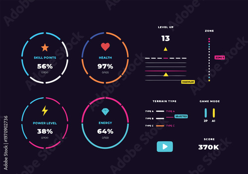 Glowing neon game interface elements featuring circular and futuristic designs. Perfect concept for UI, gaming, tech and digital interactive projects.