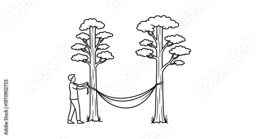 Man setting up outdoor hammock between trees.