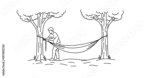 Man setting up outdoor hammock.