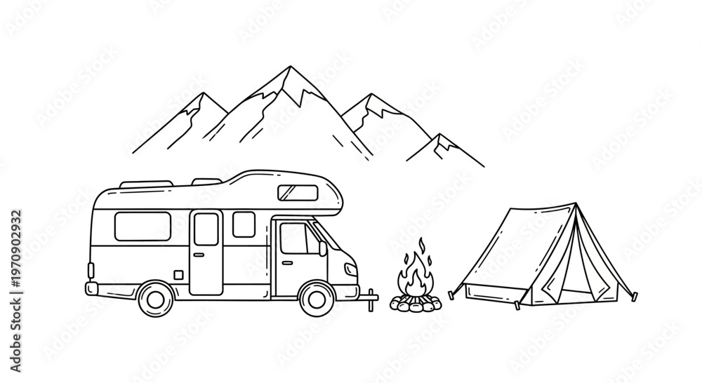 Naklejka premium Motorhome parked next to tent campsite.