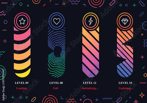 Glowing neon game interface elements featuring circular and futuristic designs. Perfect concept for UI, gaming, tech and digital interactive projects.