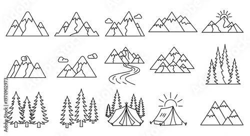 Mountain and tree line icons set.