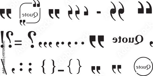A collection of black vector punctuation marks, including quotation marks, question marks, and quote bubble frames for typography and layout design.