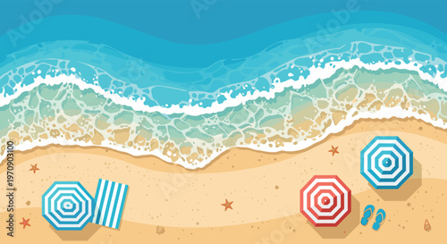 Beautiful top-down view of a sandy beach with blue ocean waves, beach umbrellas, towels, flip-flops, and starfish decorations for summer.