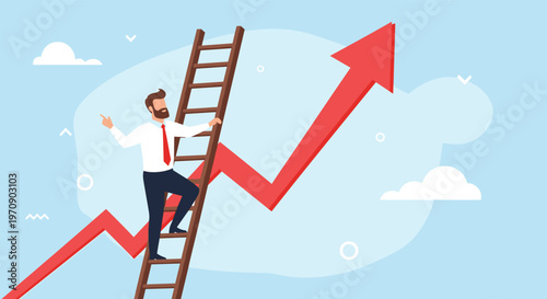 Determined businessman climbing a wooden ladder against a blue sky with a large red arrow pointing upwards representing success and growth.