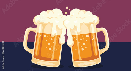 Festive illustration of two large glass beer mugs filled with amber beer and white foam clinking together in a celebratory toast among friends.