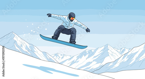 Professional snowboarder wearing a white jacket and helmet performing a high jump over snowy mountain peaks against a clear blue winter sky.