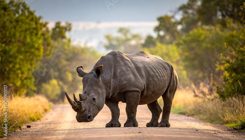 A majestic rhinoceros, horn prominent, stands on a dirt road in a sunlit African savanna. The scene showcases natural beauty and wildlife