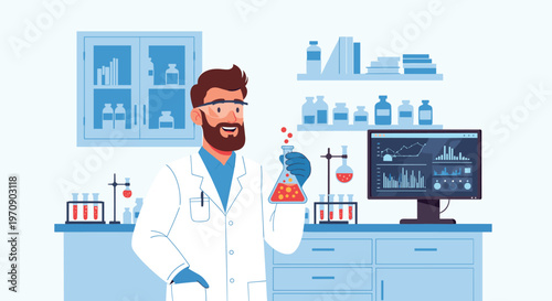 Professional male scientist in a white lab coat holding a flask with a bubbling orange liquid in a high-tech laboratory workspace environment.