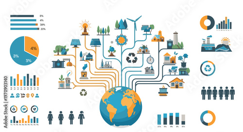 Sustainable green energy infographic showing a globe connected to various technology icons and data charts on a clean white background.