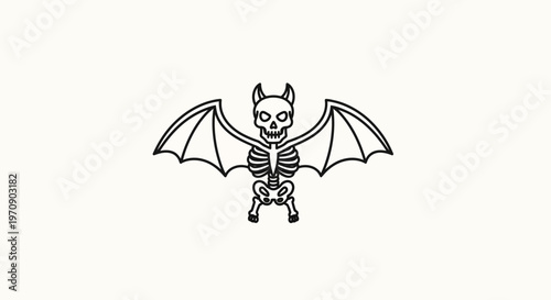 Spooky Bat Skeleton with Wings, Halloween Icon, Cartoon Style