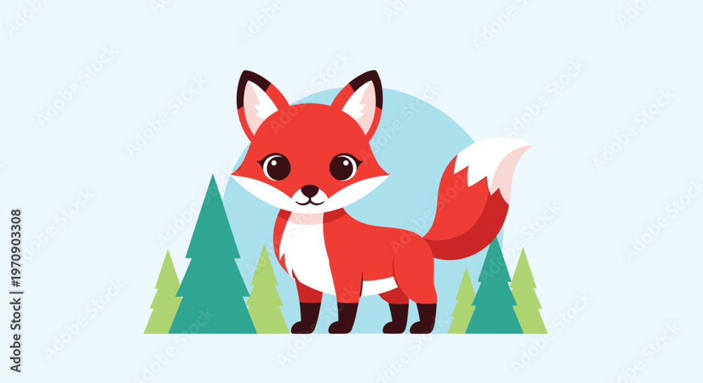 Obraz premium Adorable red fox with large expressive eyes standing in a stylized forest among evergreen pine trees under a clear sky.