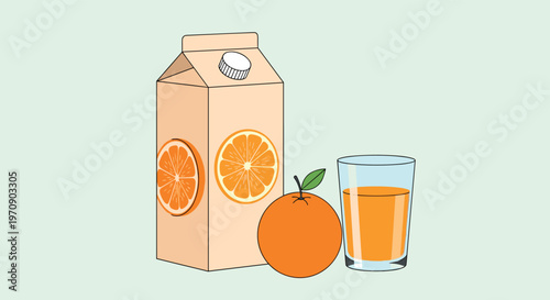 Refreshing carton of orange juice shown alongside a fresh whole orange and a glass filled with juice on a light background.