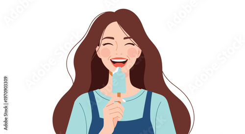 Cheerful young woman with long hair enjoying a refreshing blue ice cream popsicle and smiling with pure happiness.
