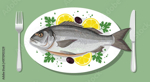 Deliciously prepared whole cooked fish served on a white plate garnished with fresh lemons, olives, and parsley herbs.