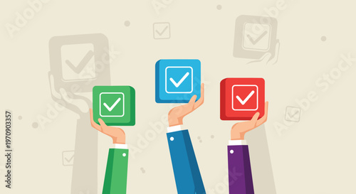 Three professional hands holding green, blue, and red blocks with check marks symbolizing consensus, approval, and successful voting.